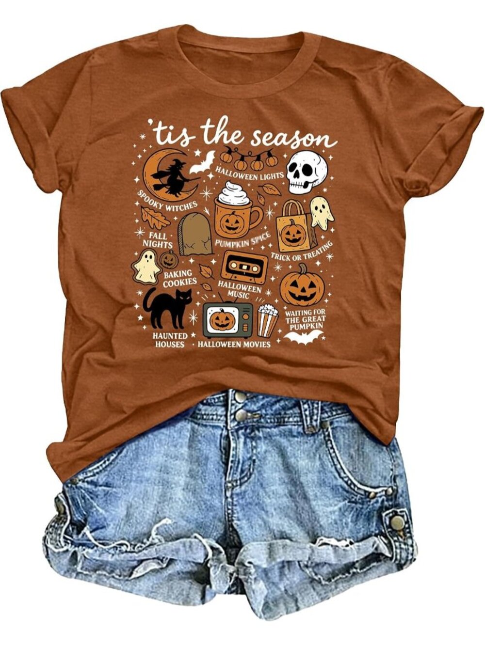 🆕 Womens Tis The Season Halloween Brown Graphic Tee Short Sleeve Casual Shirt